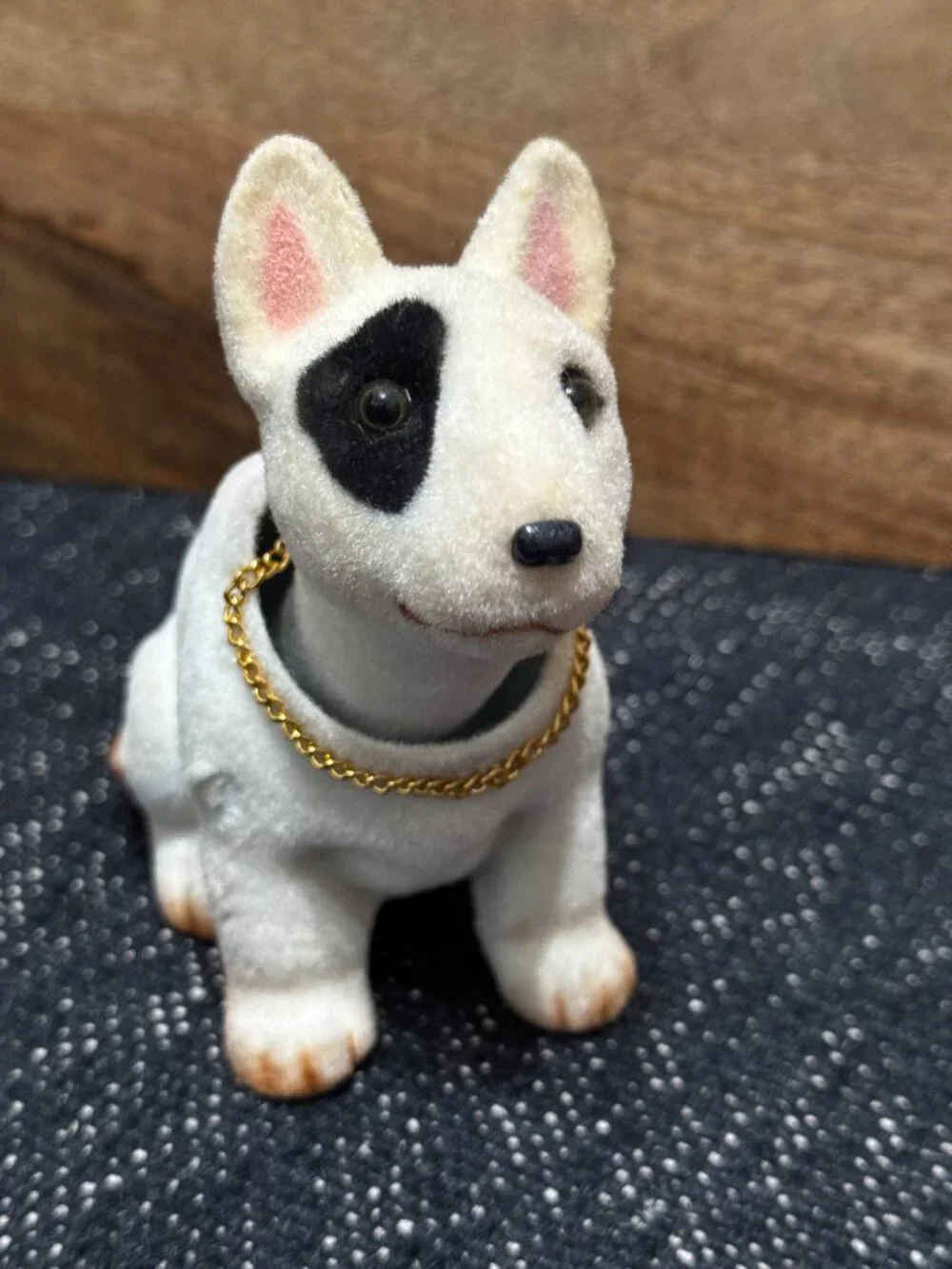 English Bull Terrier Nodder Bobble Dog Flocked Figurine, Vintage Circa 1980-90s
